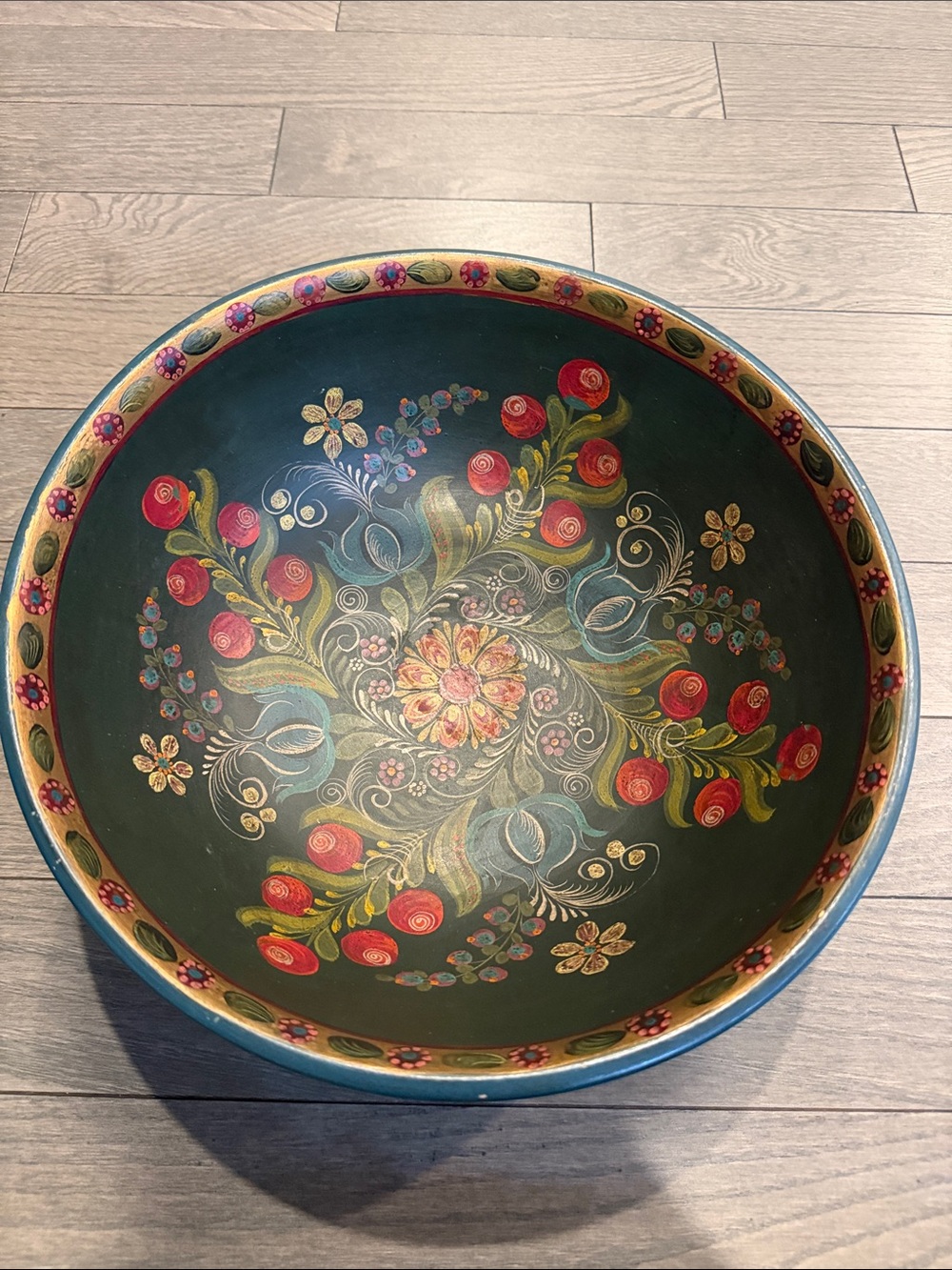 Hand-Painted Decorative wood Bowl - Green with Red Floral Motif